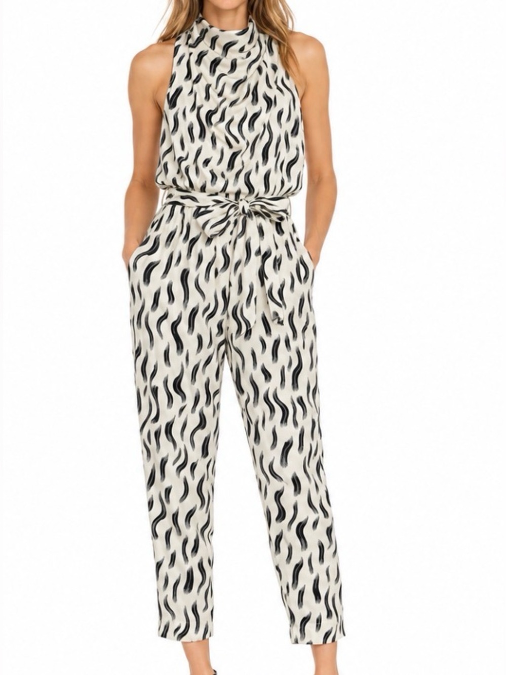 Joie Toulouse Black White Silk Cowl Neck Jumpsuit Cropped Size 10